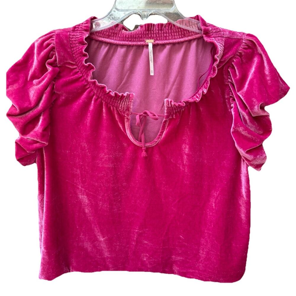 Free People Velveteen Crop Hotβ Pink Peplum Puff Sleeve Oversized Top Blouse XS